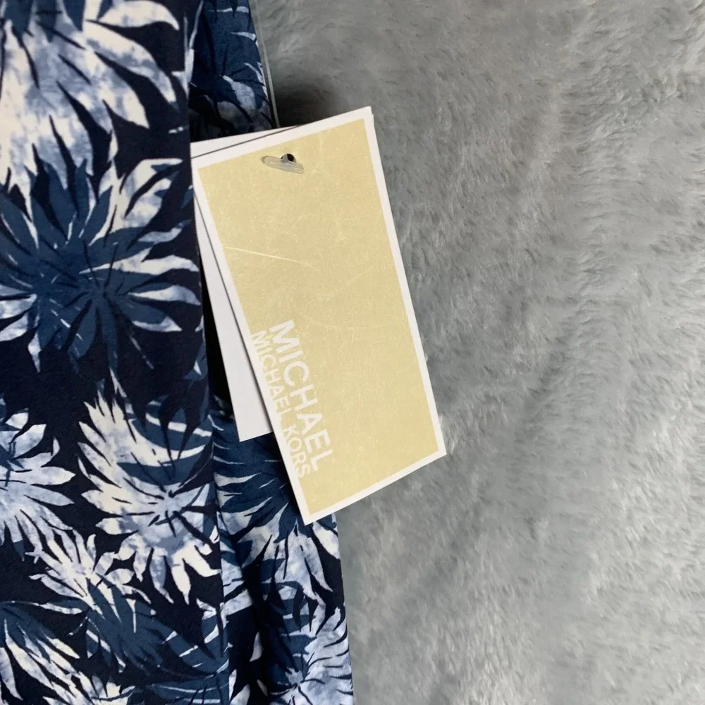 Michael Kors Womens Tankini Swim Top XS Navy Printed Blouson High Neck Chain NWT